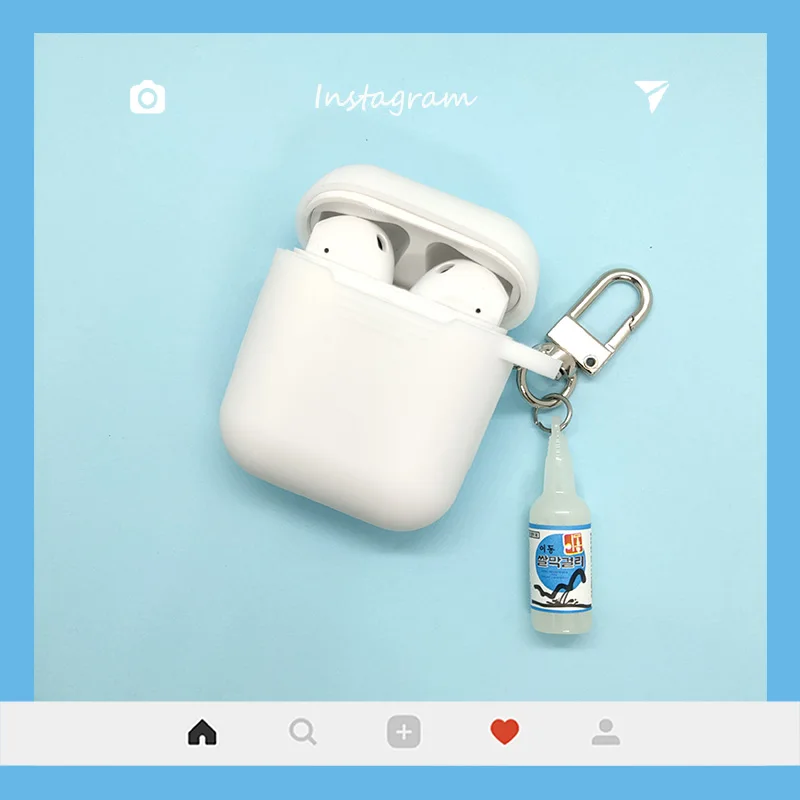 White Чехол для AirPods, милые пивные кожухи головных телефонов для Apple Airpods 1 2 Силиконовые bluetooth-наушники, защитный чехол, кольцо для ключей для вина - Цвет: White