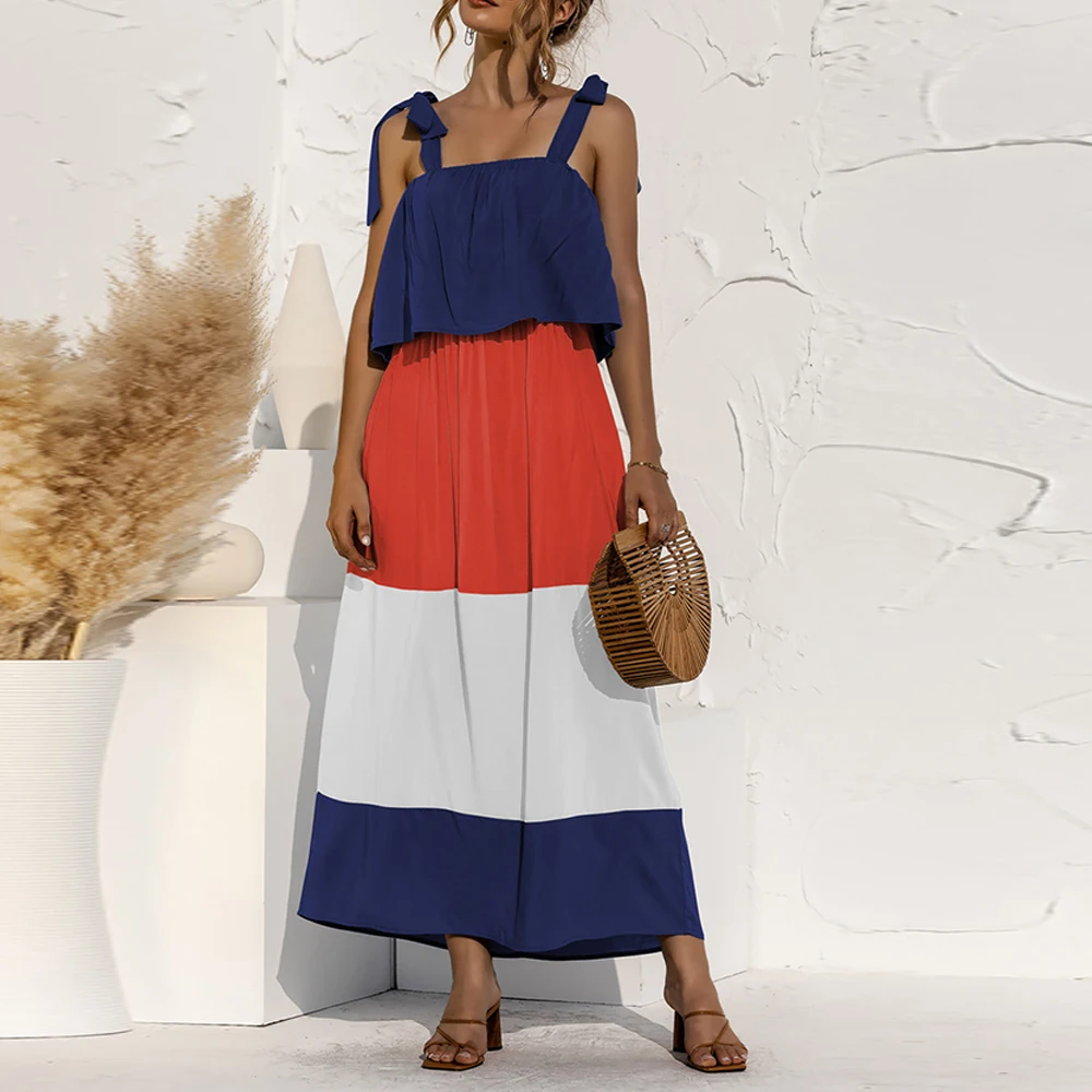 

Summer Sleeveless Patchwork Color Lace Up Strap Long Dress Women 2023 Casual High Waist Loose Backless Ruffle Robe Maxi Vestidos