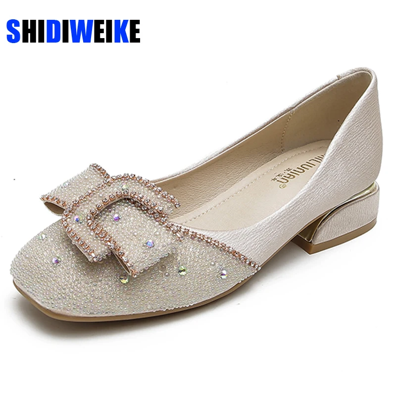 

Women Pumps Crystal Bow Buckle Loafers Fashion Square Toe Ladies Shoes Comfortable Slip-on Low Heel Women Office Shoes AD234