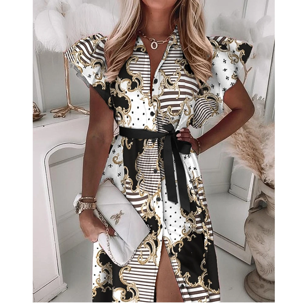 

Fashion New Printing Lapel Short Sleeve Summer Women's Dress 2021 New Casual Chic Loose Female Clothing Robe Cardigan Dresses