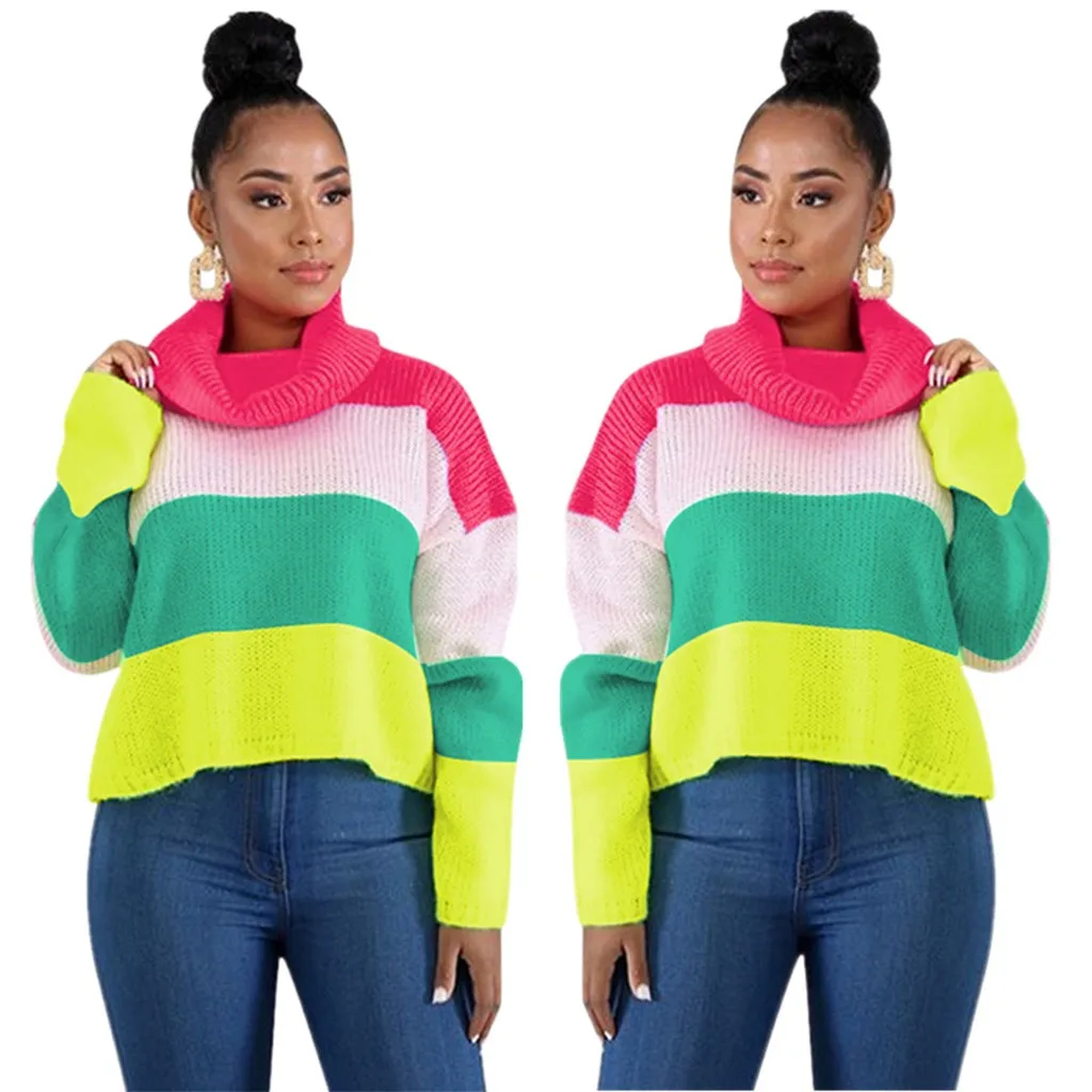 

SAGACE Clothes Women Sweater Autumn Winter Knitting Pullover Casual Colour Stitching Long Sleeve High Collar Sweater