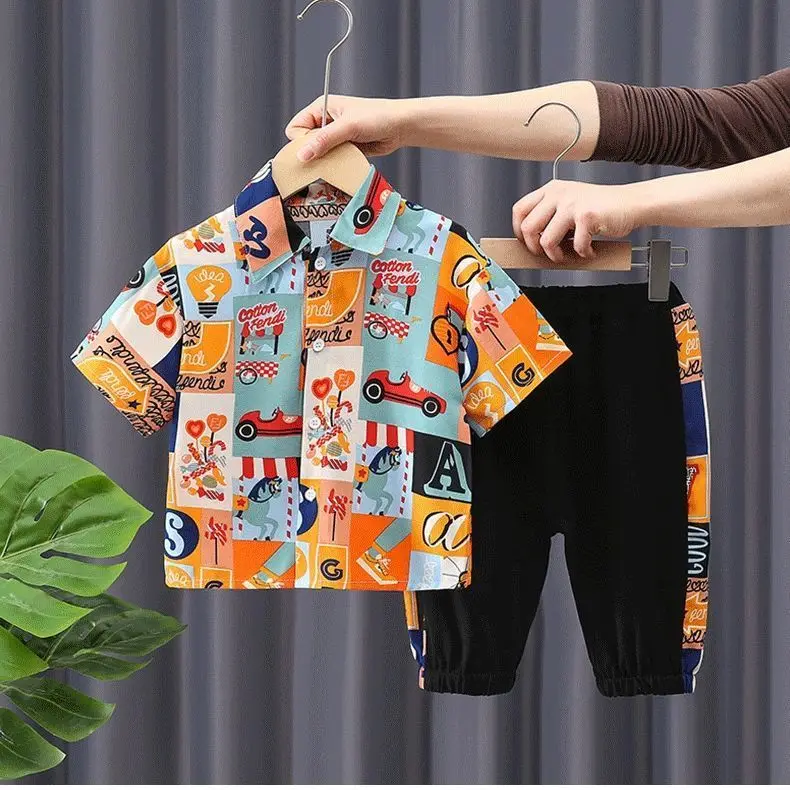 

Boy Sets 2021 New Childrens Clothing Baby Boys and Girls Handsome Short Sleeves Casual Shirt Set