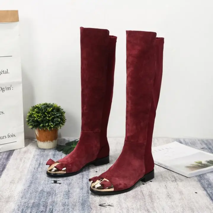 Bow Boots Women Winter Mujer Low Heels Shoes Cow Suede Boat Feminina Knee | Обувь