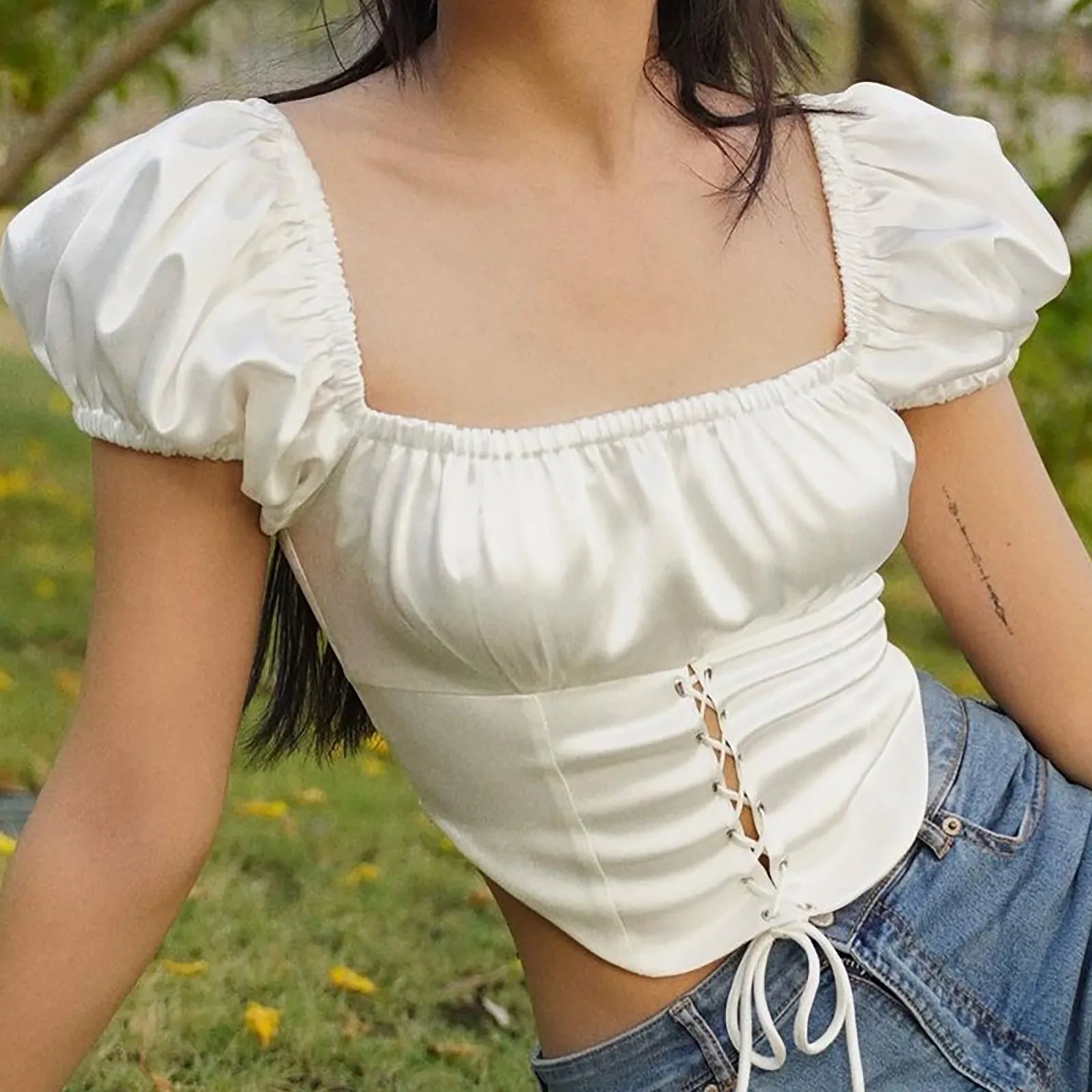 Женский модный однотонный пикантный короткий топ на шнуровке с квадратным