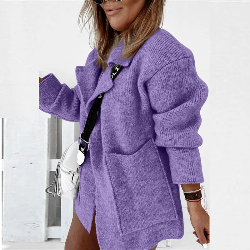 Женский однотонный вязаный свитер элегантный толстый кардиган с длинным рукавом