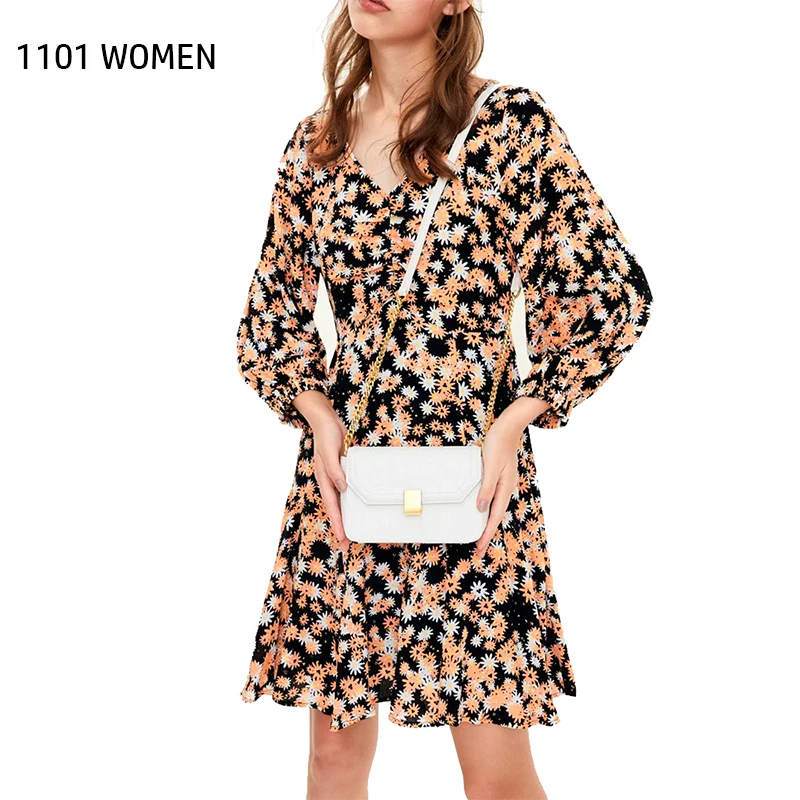 ZA Новое весеннее женское цветное Цветочное платье с v-образным вырезом на