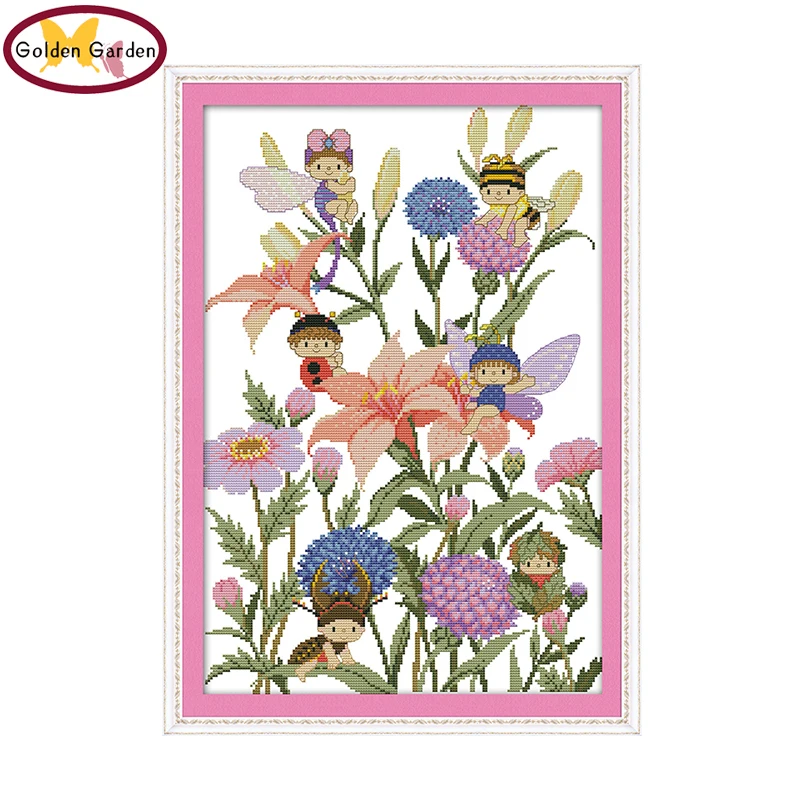 

GG Bee Elves Counted or Stamped Cross Stitch 11CT14CT DIY Kit Needlework Embroidery Cartoon Joy Sunday Cross Stitch Set for Kids