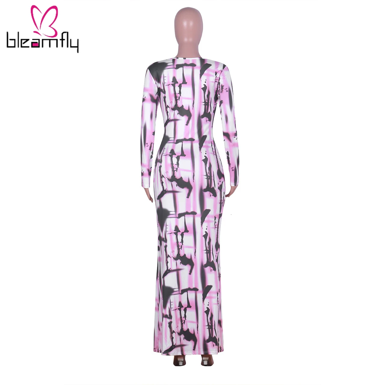 Новинка 2019 женское осеннее платье с высоким разрезом принтом в полоску длинным
