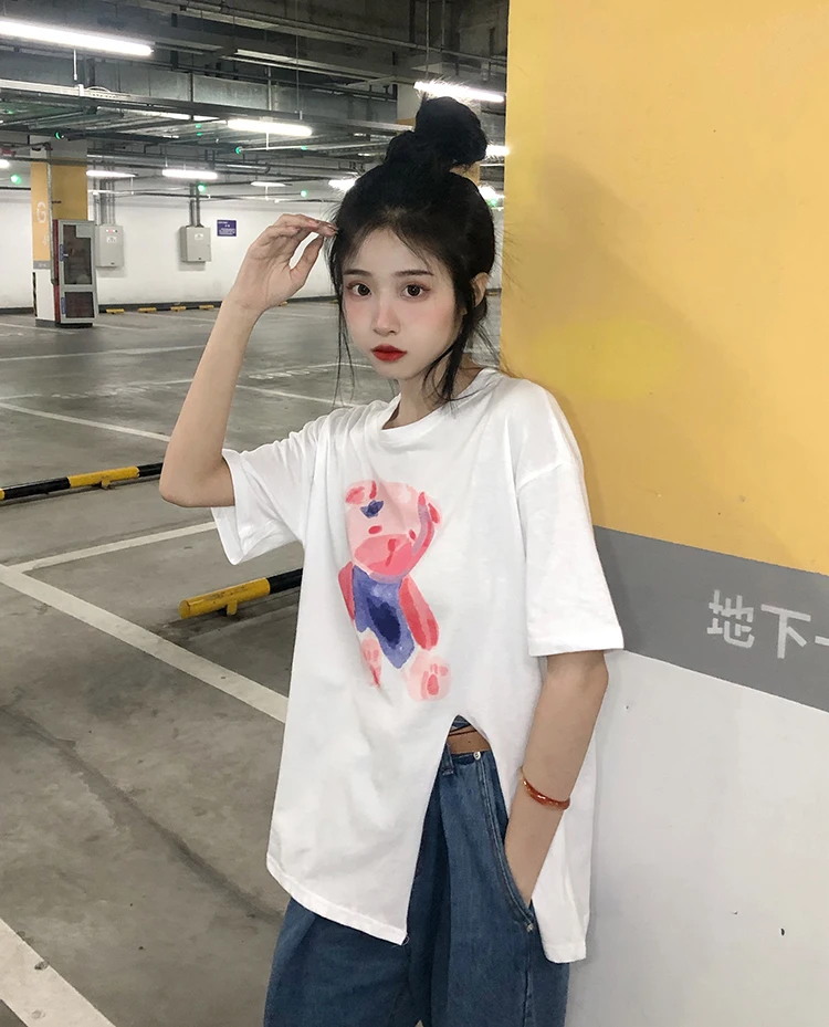 

YTX1110 2021 new loose lazy style cartoon print age-reducing irregular short-sleeved T-shirt