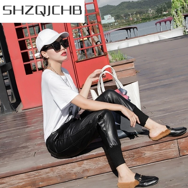 

JCHB 2021 Autumn Winter Womens Genuine Leather Ribbed Patchwork Harem Pants Elastic Waist Casual Sheepskin Ankle Length Pants Pl