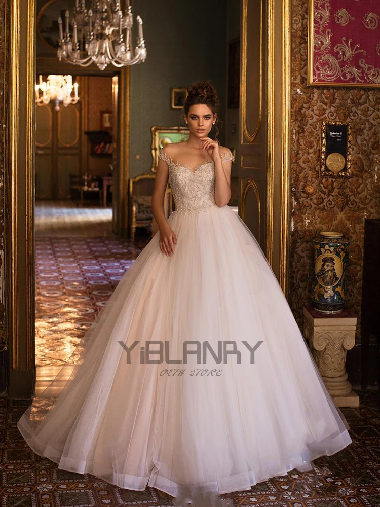 

YILIBER Lace wedding dress atmosphere luxury v-neck bridal dresses hand drill backless buttons big skirt plus size