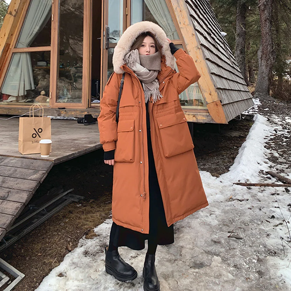 

2021 Winter Feather Parkas Women Large Natural Fox Fur Long Hooded Down Coat 90% Duck Down Parkas Female Thickness Snow Jackets