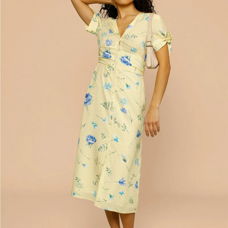 

Yellow Midi Dress Women's Single Breasted Floral Printed Split Short Sleeve Bow High Waist V-neck Female Robe