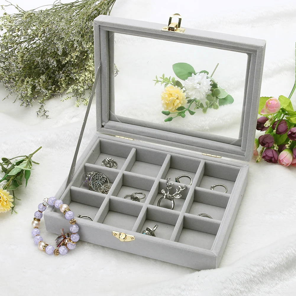 

Hot Sales Fashion Velvet Glass Jewelry Display Box Tray Holder Storage Box Organizer Jewelry Storage Case