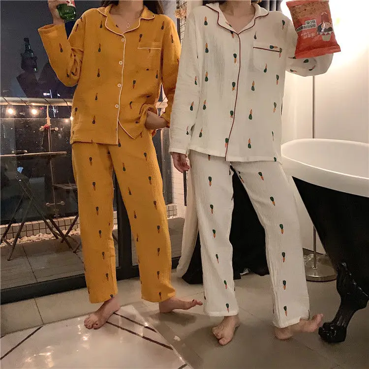 QWEEK Cotton Pajamas for Women Korean Sleepwear Fruit Cartoon Pijama Autumn Comfortable Clothes for Home Pyjamas 2 Piece Set
