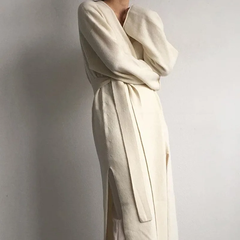 beige white cardigan Woherb винтажный черный свитер женский однотонный длинный рукав Сплит длинный кардиган со шнуровкой открытая стежка корейская мода новинка 90987 - Цвет: beige white cardigan