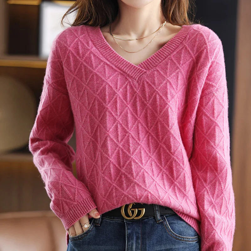 

Autumn and winter New Cashmere Sweater Women's V-Neck Pullover Slim Fashion Knitted Top 100% Pure Wool Plus Size Women's Sweater
