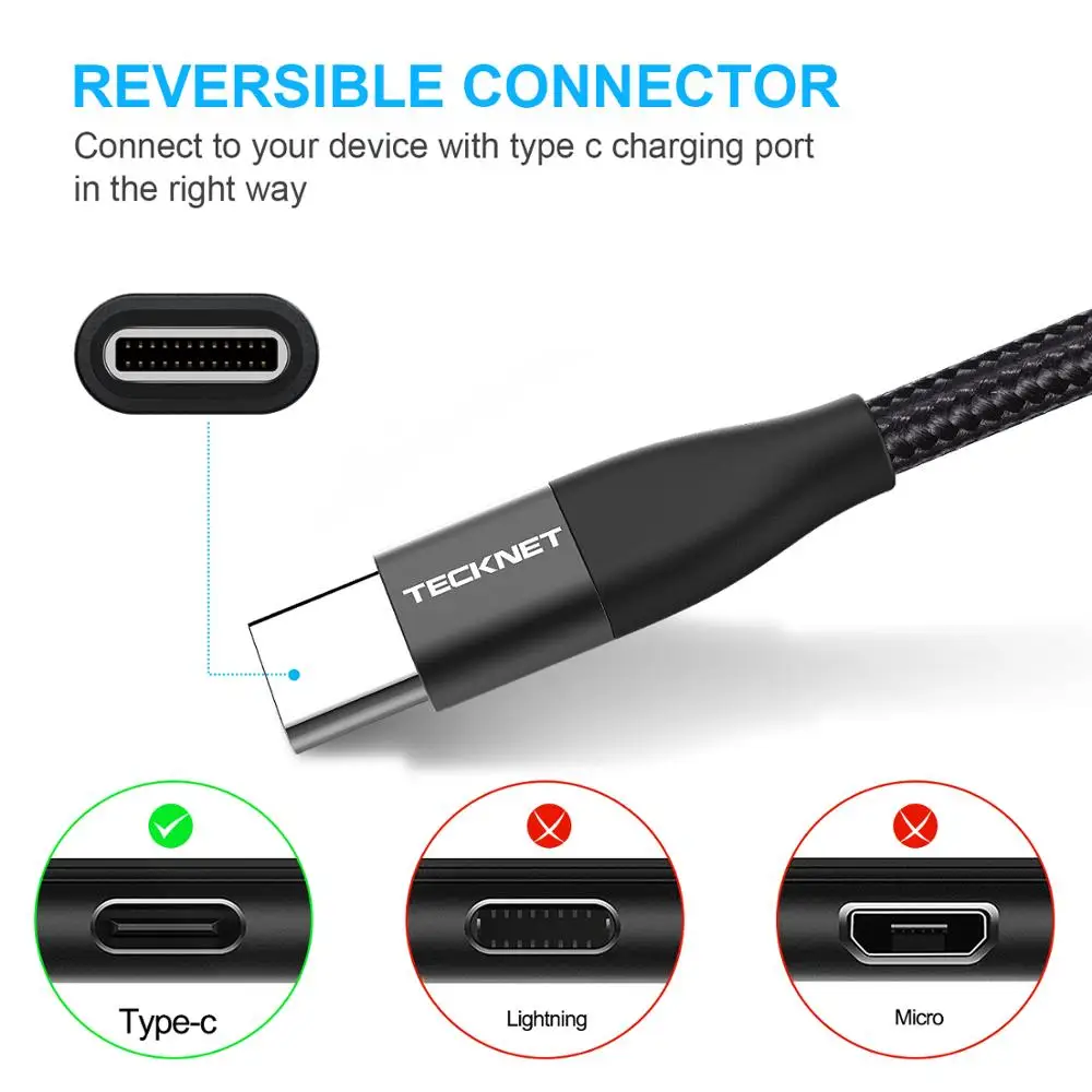 3 упаковки USB Type C кабель TeckNet для Xiaomi Redmi Note 7 3A шнур быстрой зарядки usbc зарядное