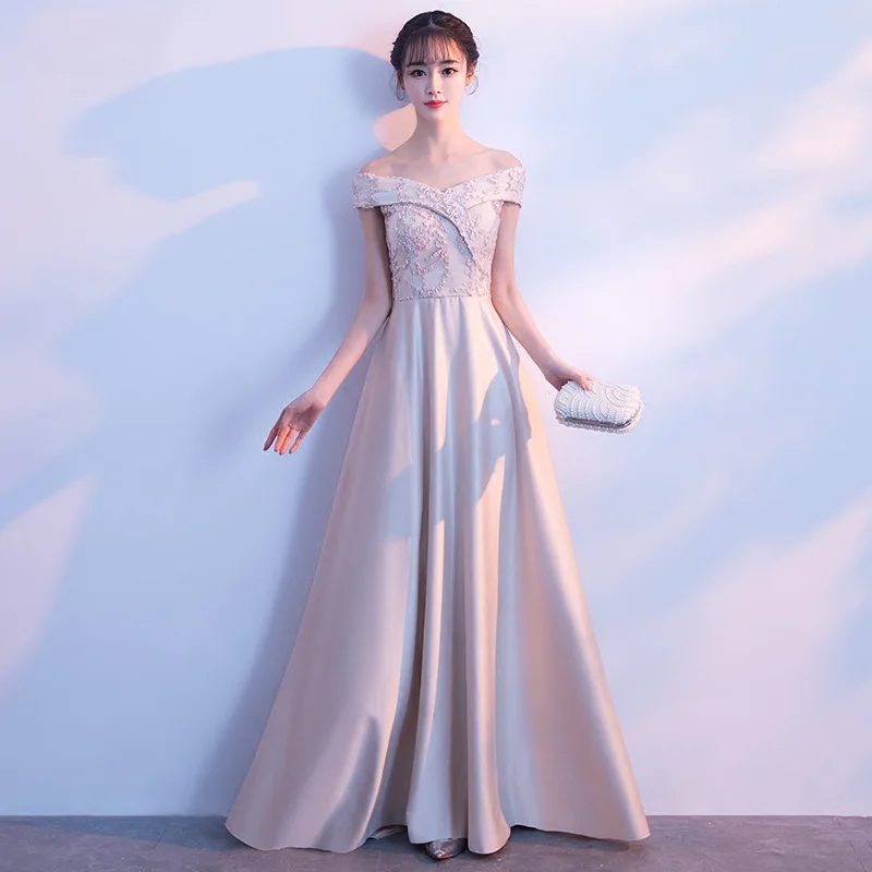 

Banquet Evening Dress 2020 New Spring Summer Korean Style Sexy Off the Shoulder a Line Formal Dress Floor Length Prom Dressees