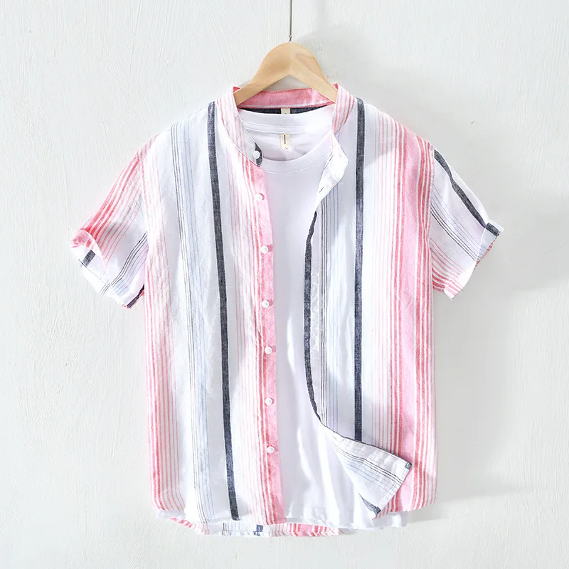 

100% Pure Linen Striped Shirts Short Sleeve Casual Stand Collar Hemp Shirts Man Summer Fashion Breathable Tops Men's Clothing