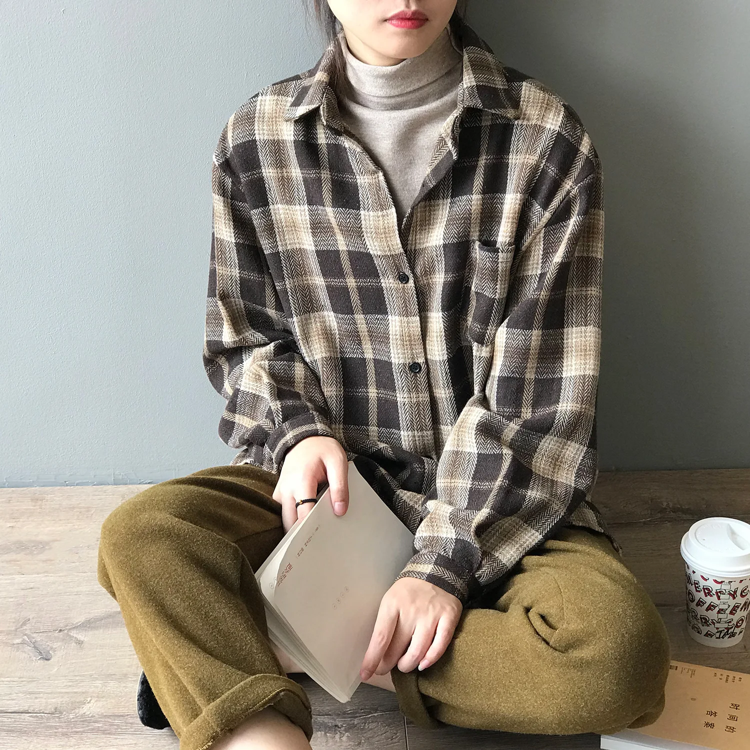 Осень и зима 2019 новая Ретро клетчатая свободная тонкая рубашка для студента