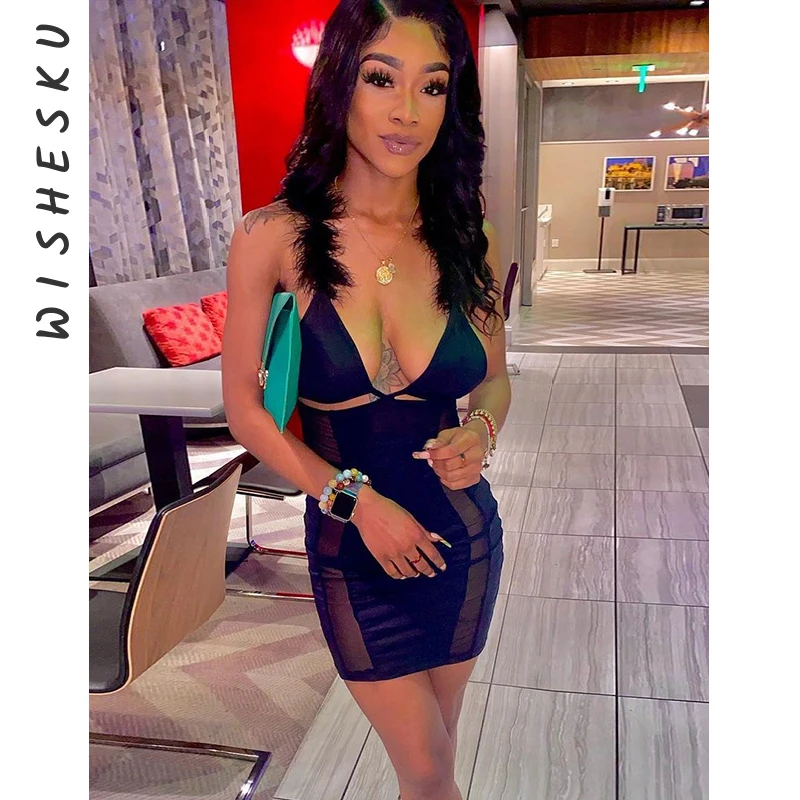 

Женское Сетчатое мини-платье с открытой спиной, облегающее платье без рукавов с вырезами и завязкой на шее, лето 2022