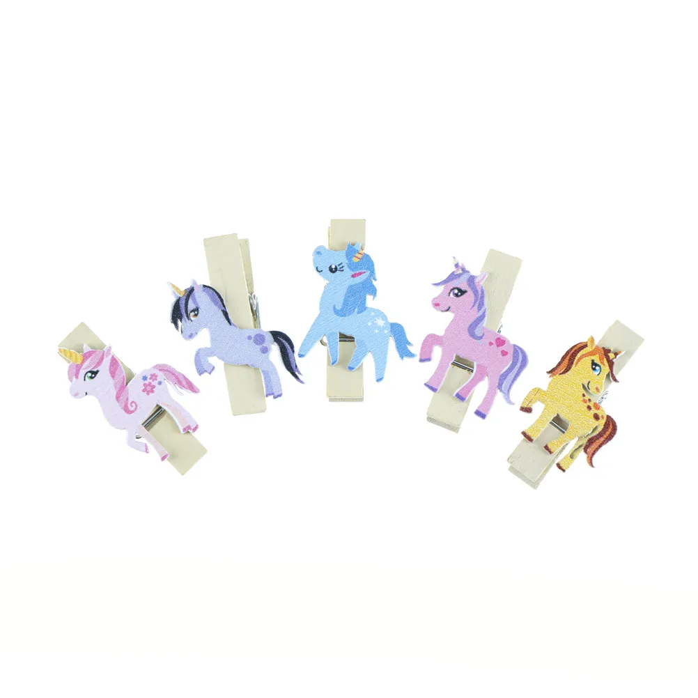 

10PCS Cute Unicorn Animal Photo Clips Wooden Clip DIY Photo Wall Decoration Clip Craft Pegs With Hemp Rope