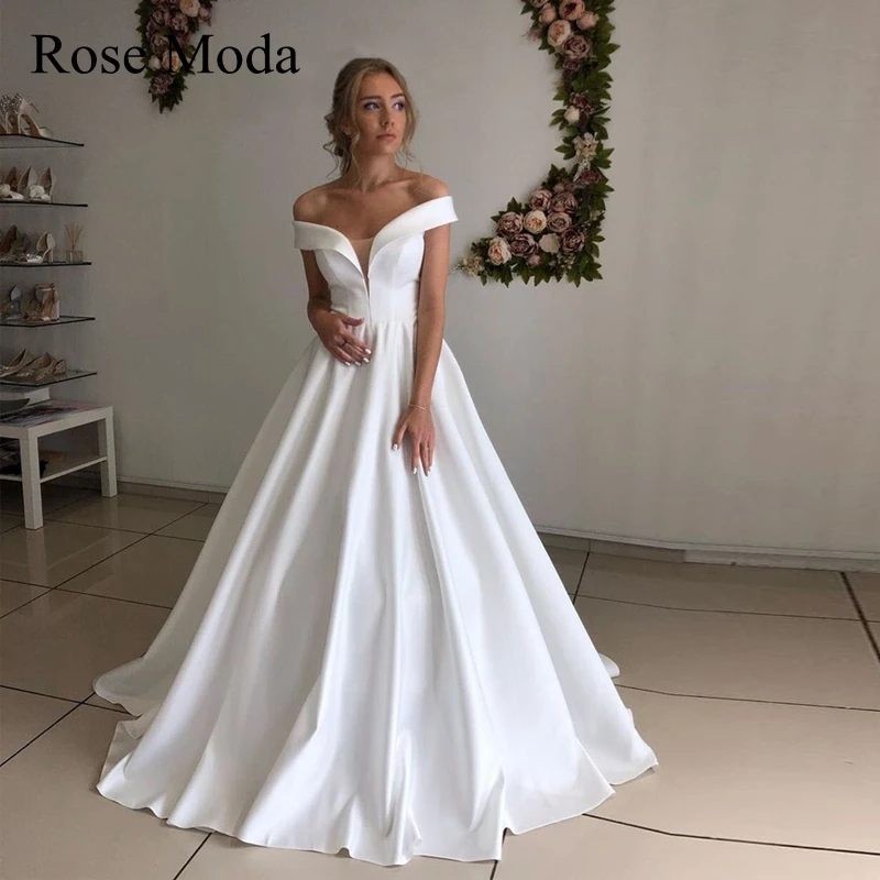

Rose Moda Off Shoulder V Neck A Line Satin Wedding Dress Lace Up Back Destination Bridal Gown Custom Make