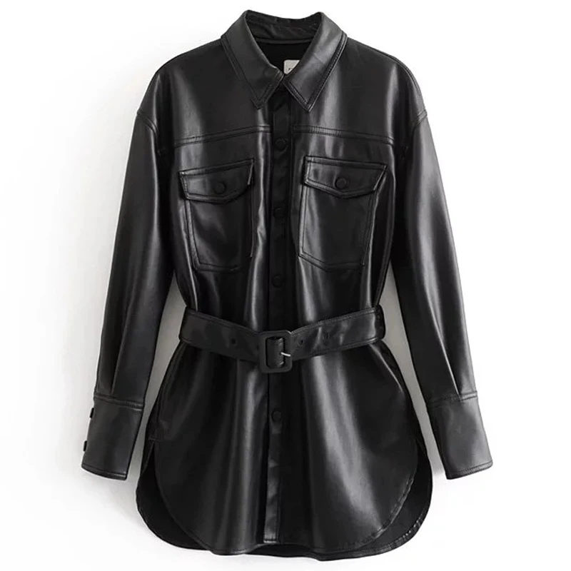 

Woman Gothic Black Casual Jacket Motorcycle Faux Leather PU Jackets Women's Belt Short OverCoat Punk Chaquetas Lady's Long Top