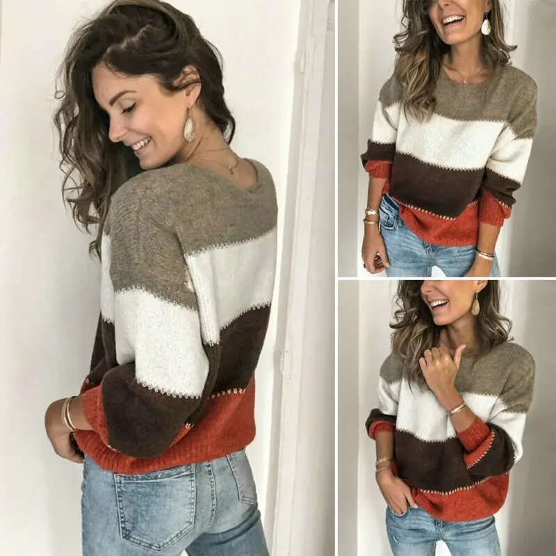 

Женский осенне-зимний теплый цветной свитер в стиле пэчворк, топы, женский свободный джемпер в полоску, пуловер, топы размера плюс