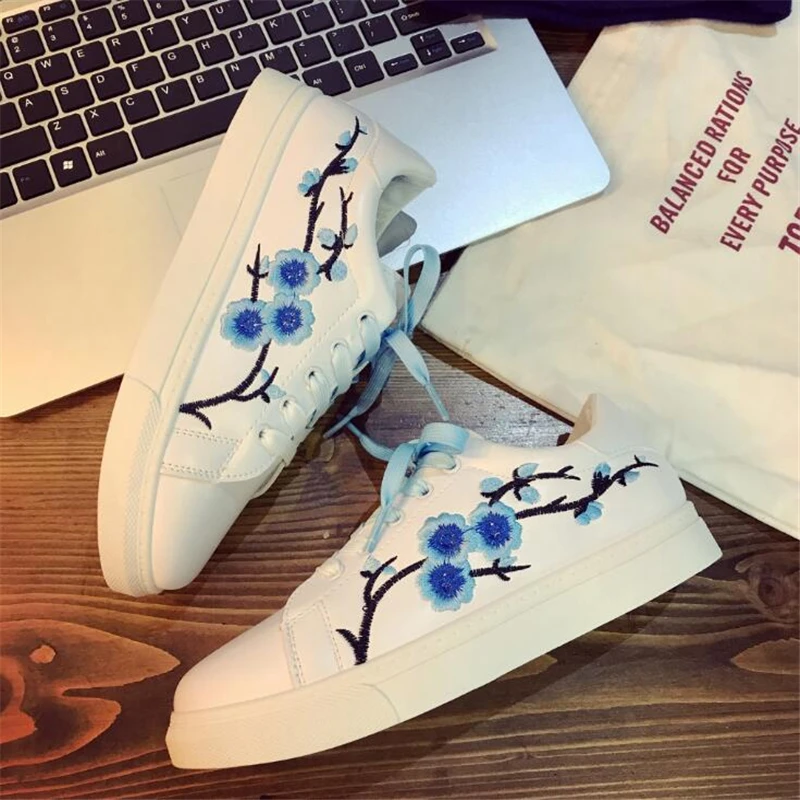 Женские туфли из искусственной кожи с вышивкой на шнуровке|Обувь без каблука| |