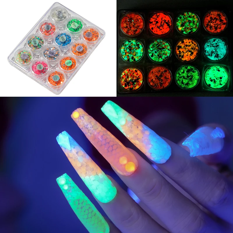 

12Jars/Set(3g/Bottle)Luminous&Mirror Nail Sequins Glitter Nail Art Decorations,Grow In The Dark Flake Manicure Sequins#110G