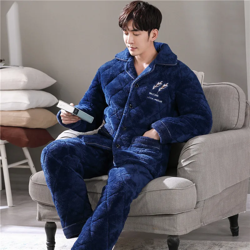Winter Men Casual Thick Warm Pajamas Set Flannel Long Sleepwear Solid Nightwear Homewear Turn Down Collar Pyjama Homme