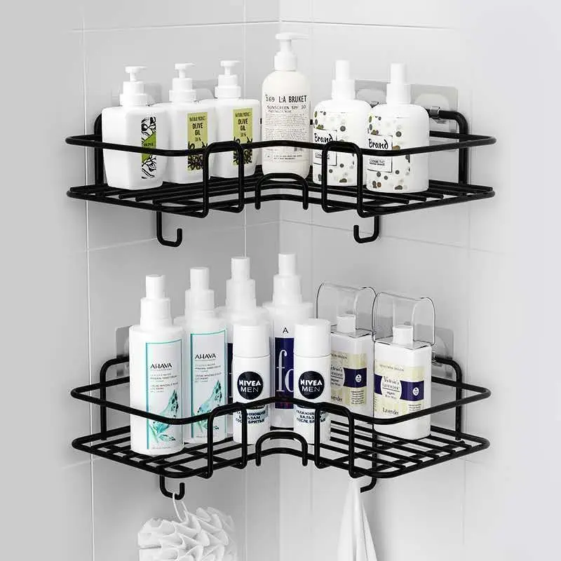 

Bathroom Kitchen Punch Corner Frame Shower Shelf Wrought Iron Shampoo Storage Rack Holder With Suction Cup Bathroom Accessories