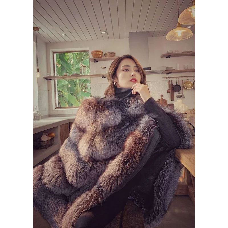 FURSARCAR 2021 New Luxury Real Fox Fur Coat Women Winter Nature Silver Fox Fur Cape Plus Size Long Real Fur Poncho Jacket