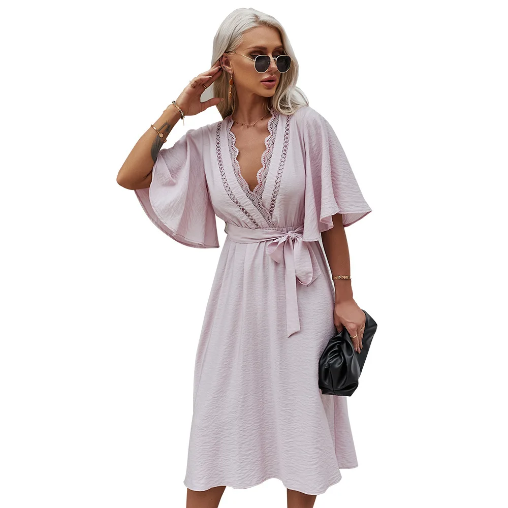 

Vintage Boho Solid Dress with belt Women 2021 summer sexy v neck midi long Dress Female lace Beach dress vestido women clothing