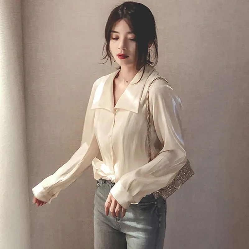

Women Lone Sleeve Casual Shirt Solid Color OL Elegant Loose Korean Style Spring Blouses Female Office Work Tops