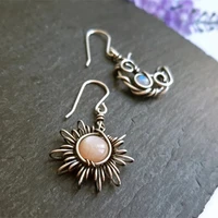bohemian antique silver color sun and moon earrings female jewelry hollow out crystal moonstone drop hook earrings gifts