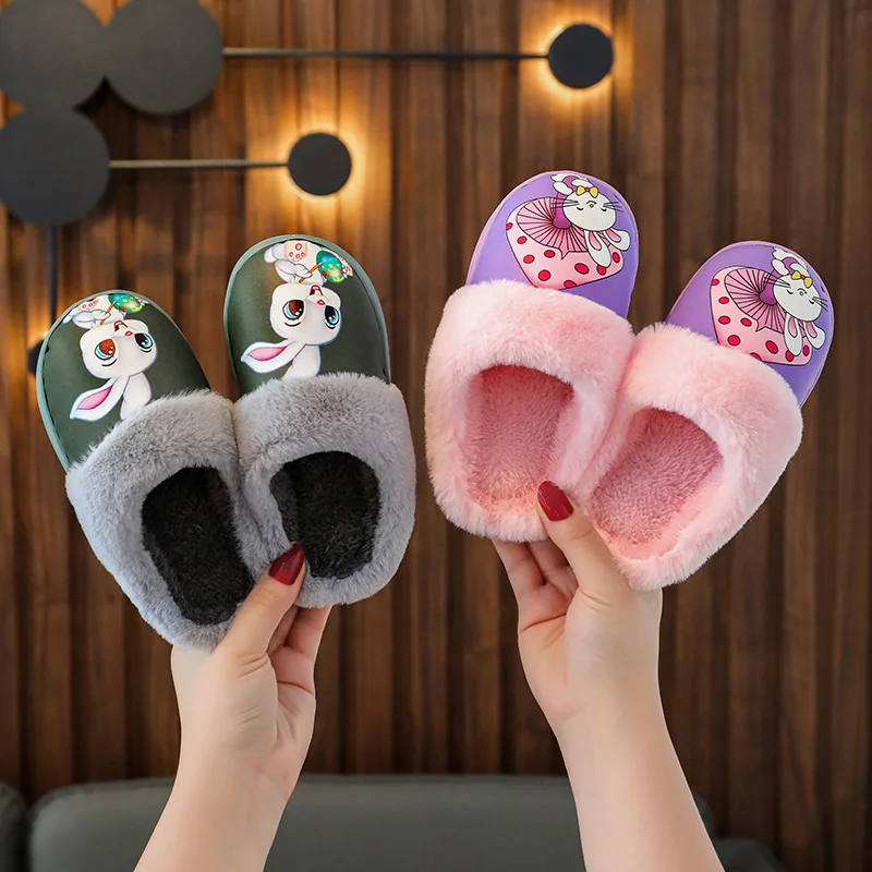 

New Waterproof PU Rabbit Print Winter Boys Girls Cotton Children's Cute Plush Slippers Boys Home Furry Flexible Indoor Shoes