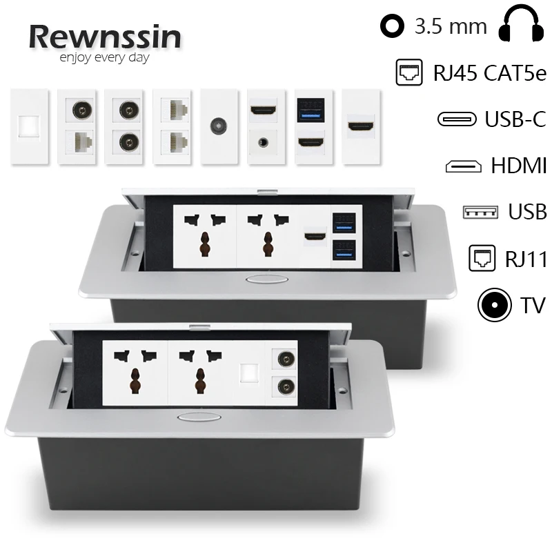 

Универсальная настольная розетка для разных стран, с портами для наушников HDMI USB RJ45 TV, выдвижной настольной розеткой 250 В, 13 А