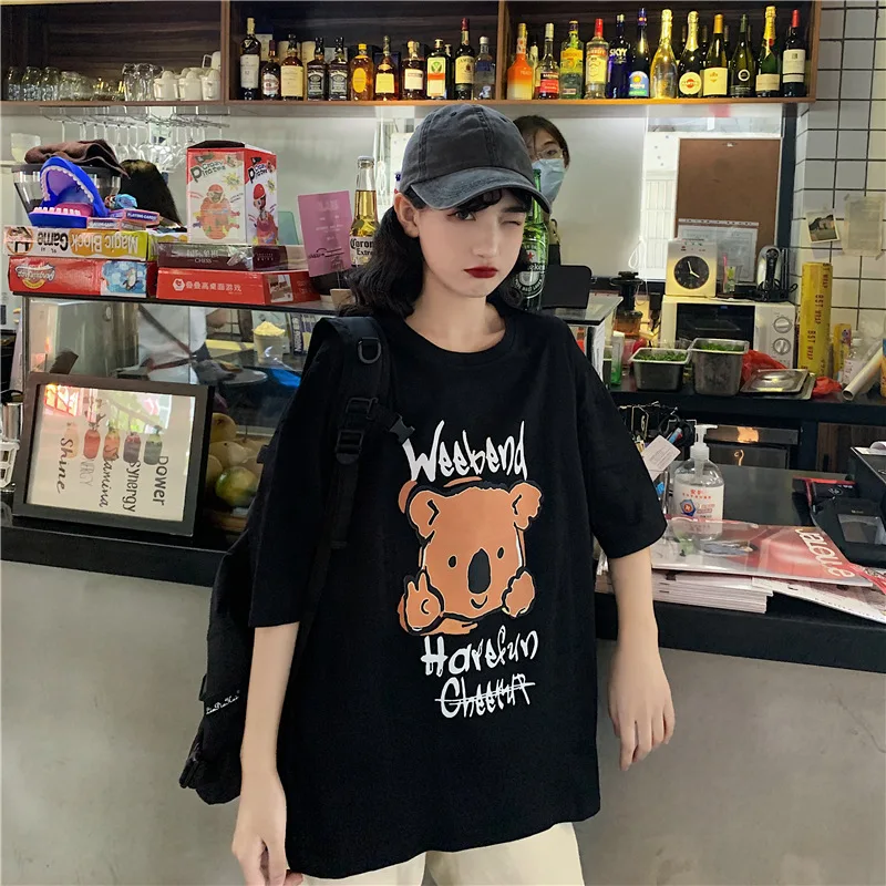 

Summer Cartoon Bear Harajuku Women T-shirt Cotton Tshirt Large Size Tees Short Sleeves Loose Top Street Kawaii T-shirt Clothing