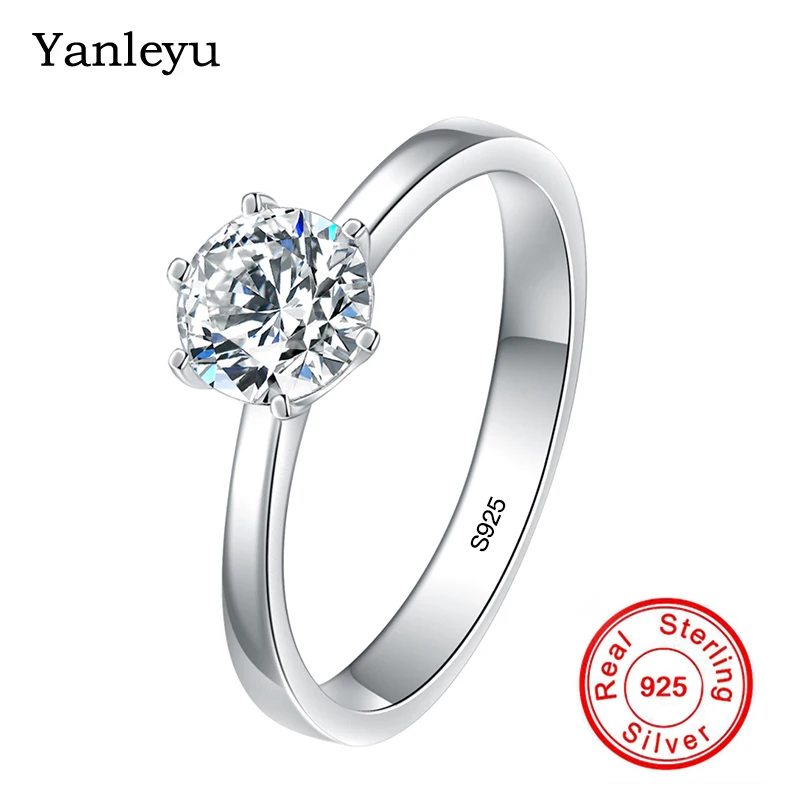 

Yanleyu Wedding Rings for Women Classic Jewelry 6 Prongs 1 Carat Round Zircon CZ Diamond Engagement Ring 925 Silver Gift PR414