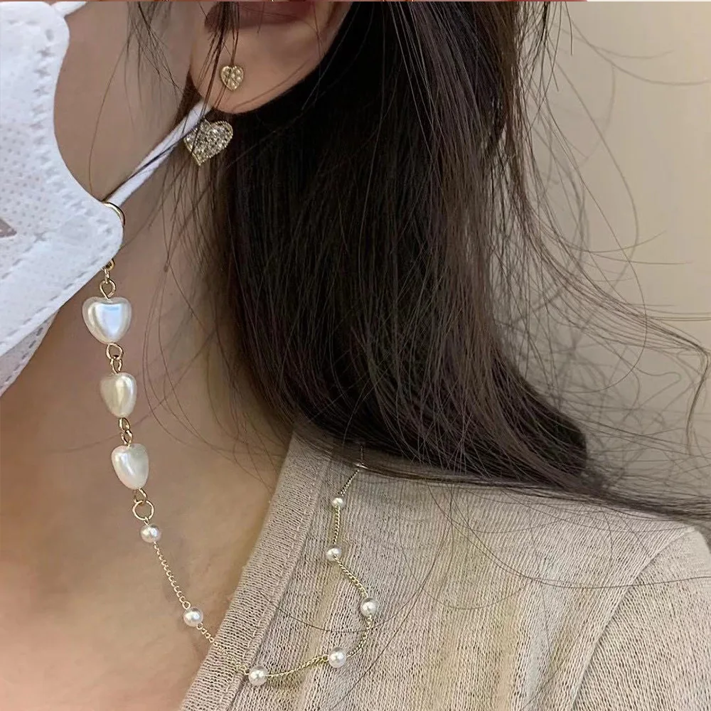 

2021 Casual Simple Slver Color Heart Pearl Mask Chain Holder Glasses Lanyard