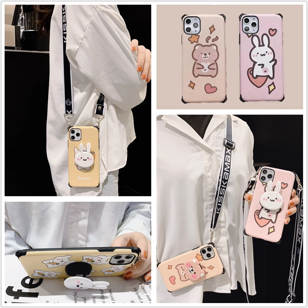 

Lanyard Crossbody Strap Chain Phone Case For Huawei P20/30 mate20 30 pro mate20X 5G Rabbit bear Ring Kickstand corner protection