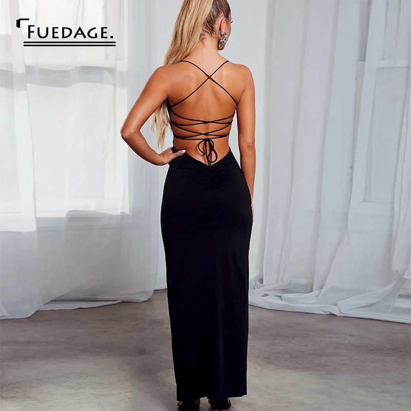 Fuedage Summer Black Sexy Women Dress Bandage Backless High Split Bodycon Dresses Spaghetti Strap Club Party Maxi Long | Женская одежда