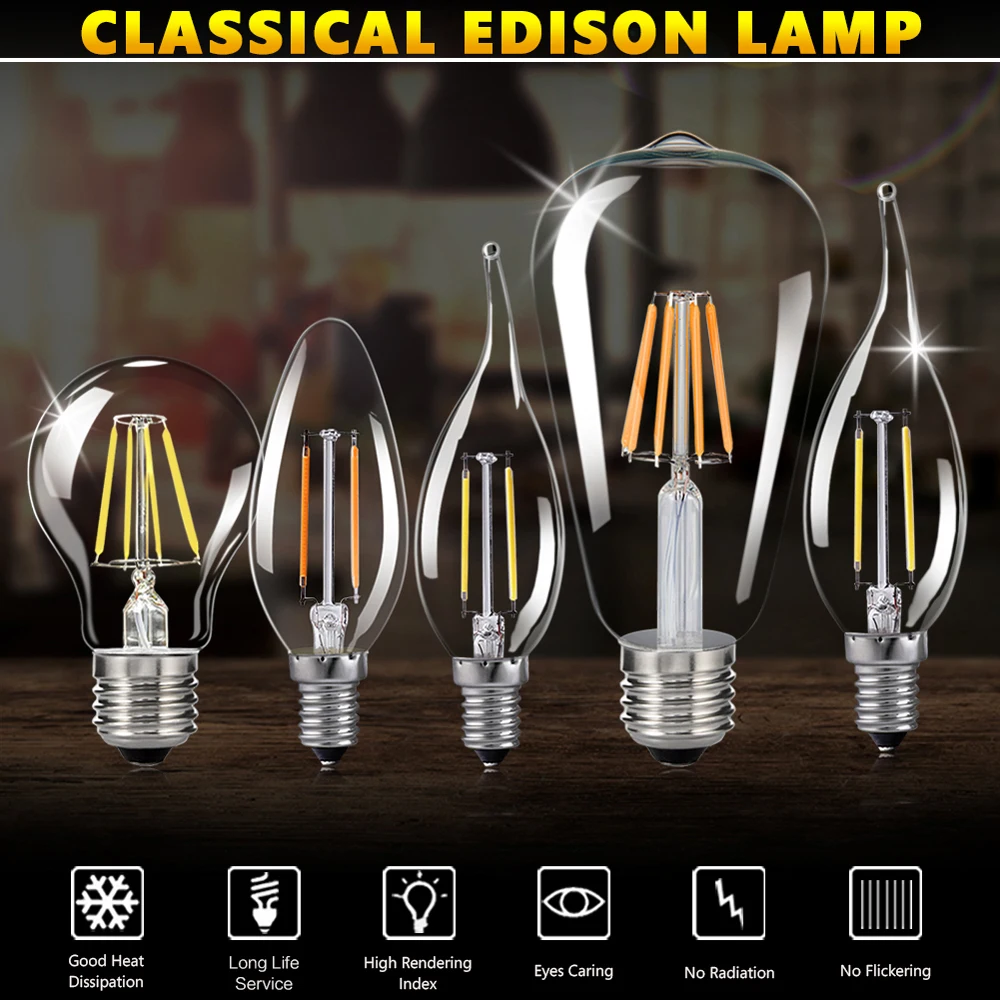 Ретро Edison led светильник лампочка E14/E27 220V 4W 6W ST64 G45 FC35 C35 A60 лампа накаливания ампулы