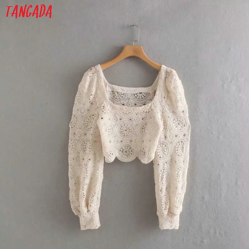 Tangada, Женская вязанная блуза, квадратный воротник,, выдалбливают, длинный рукав, короткий стиль, рубашки для женщин, шикарные сексуальные топы 2W91