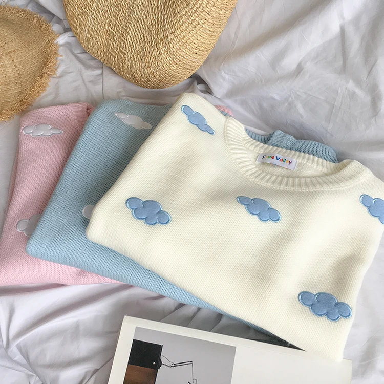 

Xfhh cute Clouds Korean style 2021 Women's Sweater Kawaii Loose Thick Harajuku Clothing For Women long sleeve vintage knitted