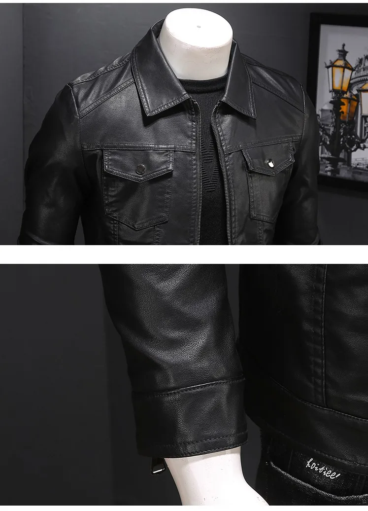 

Black Faux Leather Jackets Men Fashion Business Windbreaker Turn Down Collar Multi-pocket Casual Slim Fit Biker Clothing Man2021