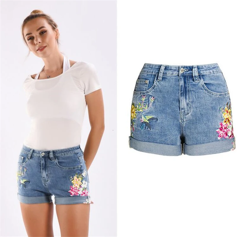 

Женские джинсовые шорты с цветочной вышивкой, весенне-летние эластичные шорты для молодежи